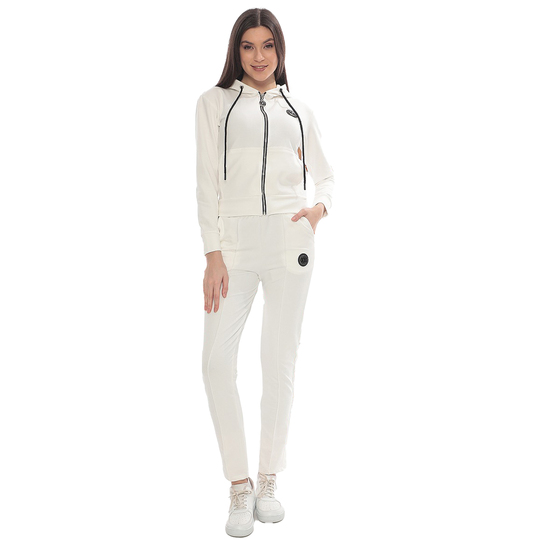 Kadın Eşofman Takımı Kapüşonlu Fermuarlı Armalı Pantolon İki İplik Beyaz